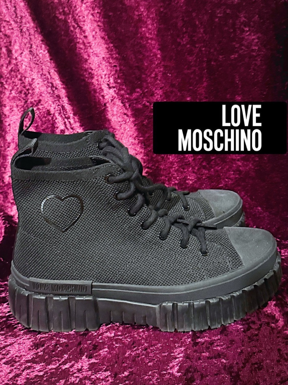 Love Moschino Black High-Top Platform Sneakers with Red Logo Tag